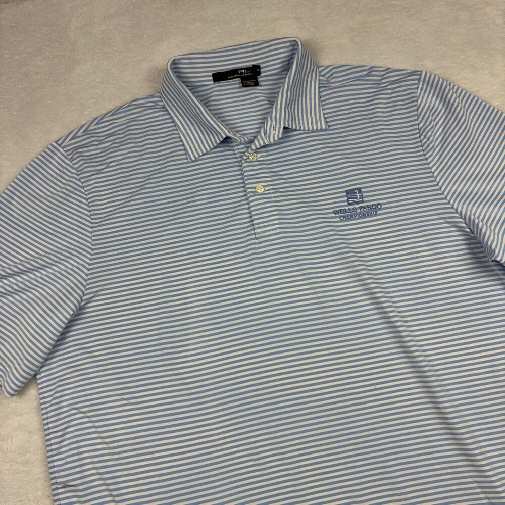Ralph Lauren RLX Polo Shirt Mens XL Blue Striped Polyester Golf Performance